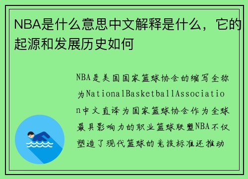 NBA是什么意思中文解释是什么，它的起源和发展历史如何