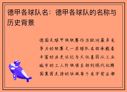 德甲各球队名：德甲各球队的名称与历史背景